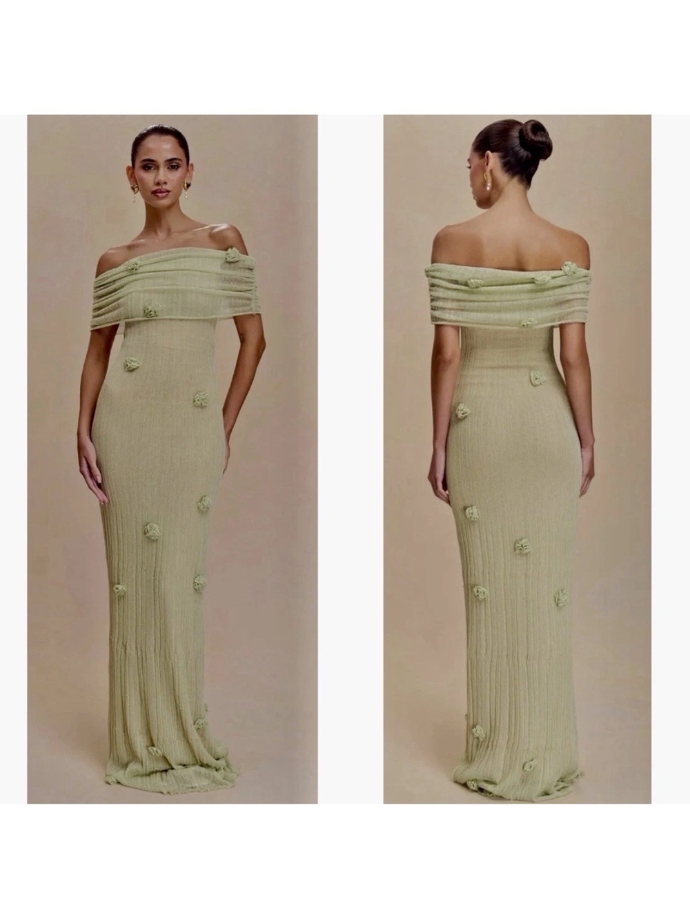 NWT Meshki Brynn Orchid Knit Maxi Dress in Pastel Green Size M Floral Applique